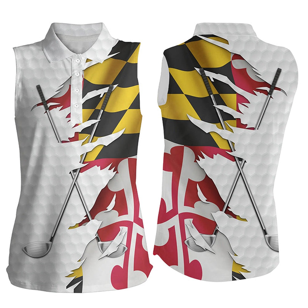 Womens Sleeveless Golf Polos Shirts White Golf Ball Skin Maryland Flag Patriot Ladies Golf Apparel, Women Golf Shirts