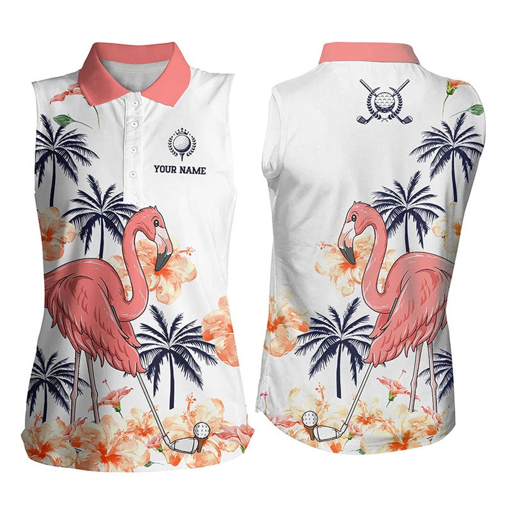 Womens Sleeveless Pink Tropical Golf Shirts, Personalized Flamingo Golf Shirts, Golf Gifts, Women Golf Shirts