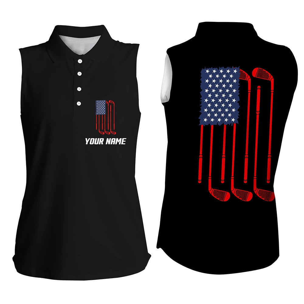 Womens Sleeveless Polo Shirt American Flag Golf Clubs Custom Patriotic Black Womens Golf Shirts, Women Golf Shirts