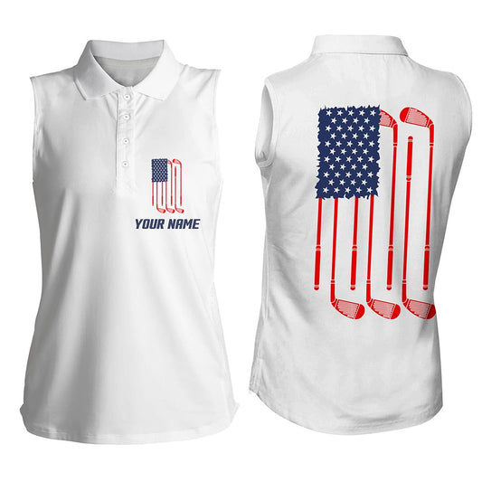 Womens Sleeveless Polo Shirt American Flag Golf Clubs Custom Patriotic White Womens Golf Shirts, Women Golf Shirts