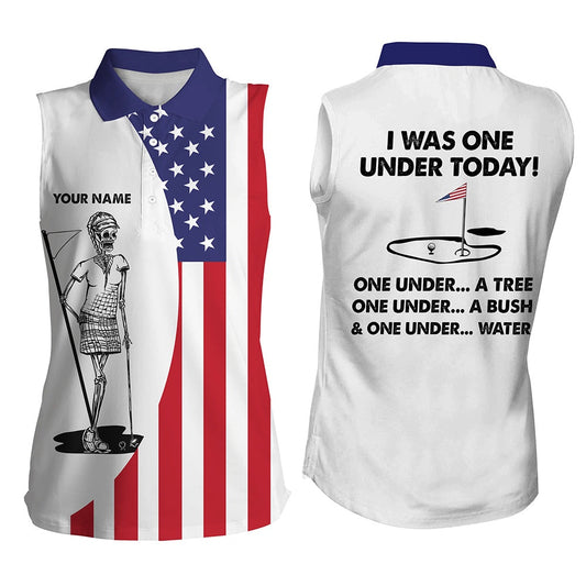 Womens Sleeveless Polo Shirt American Flag Golf Skull Custom I Was One Under Today Tree, Bush, Water, Women Golf Shirts