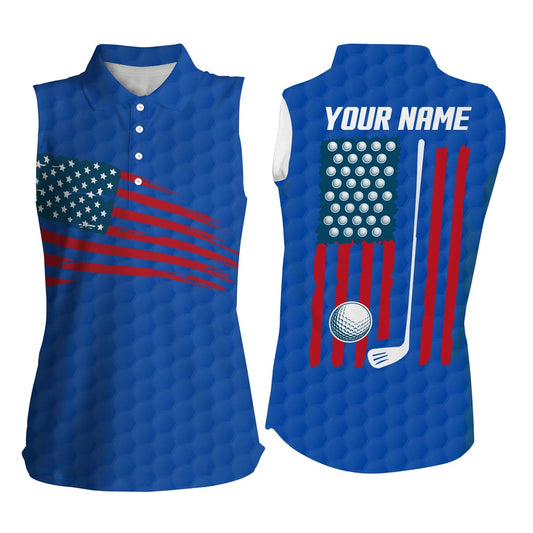 Womens Sleeveless Polo Shirt American Flag Patriotic Golf Shirts Custom Name Golf Gifts  Blue, Women Golf Shirts