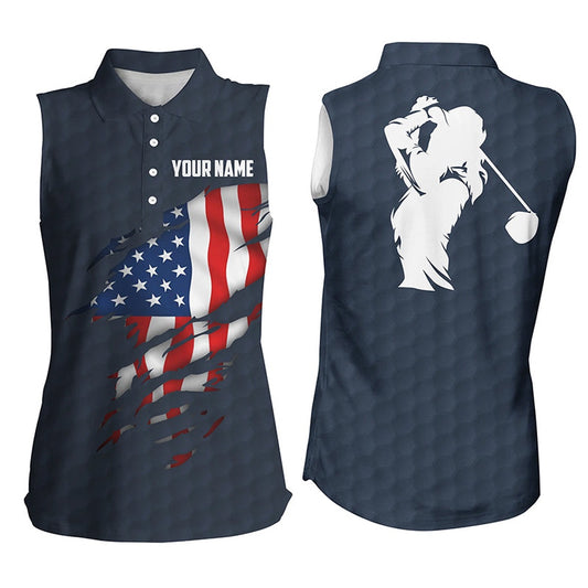 Womens Sleeveless Polo Shirt American Flag Patriotic Golf Shirts Custom Sleeveless Golf Tops, Women Golf Shirts
