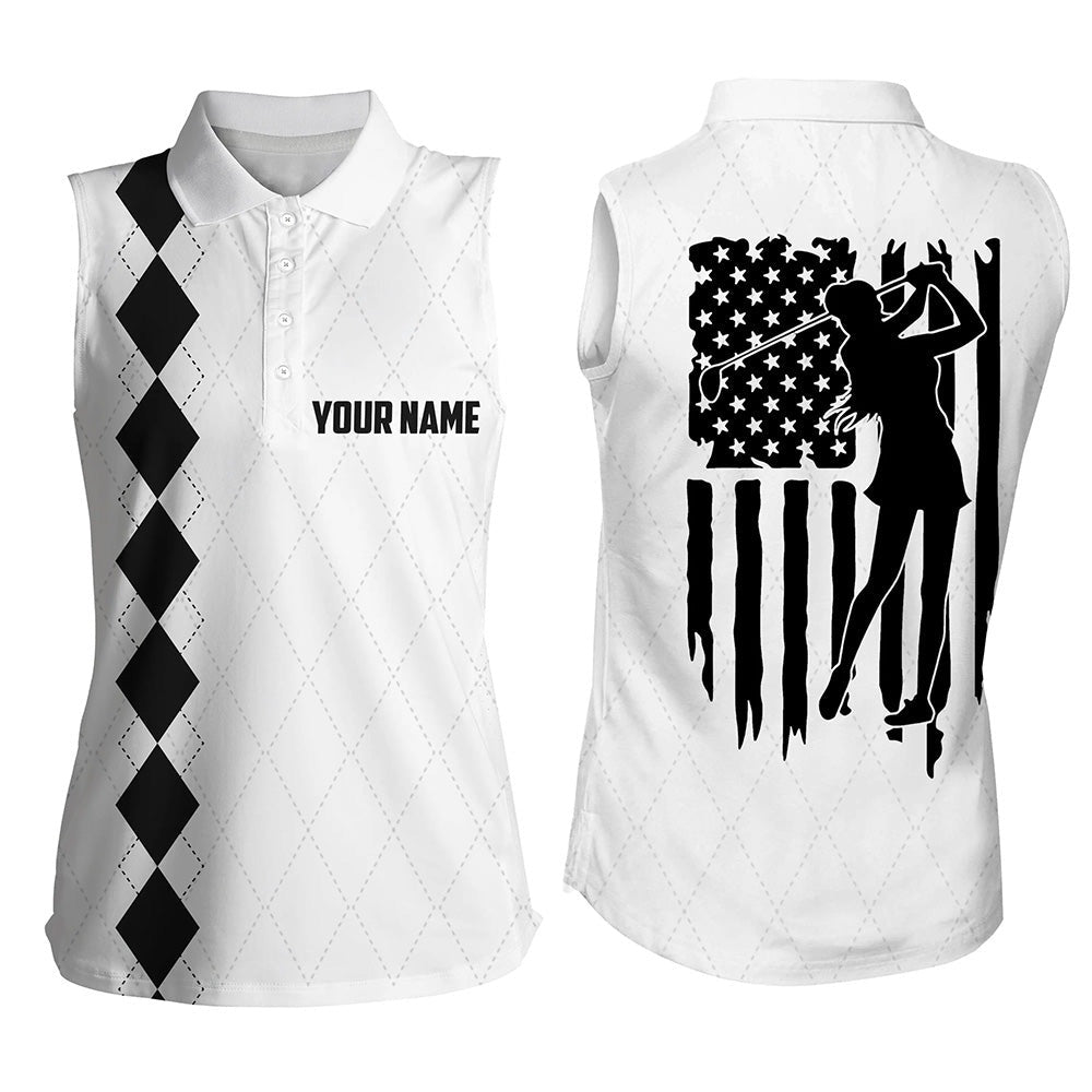 Womens Sleeveless Polo Shirt Black And White American Flag Patriotic Golf Shirts Custom Golf Gifts, Women Golf Shirts