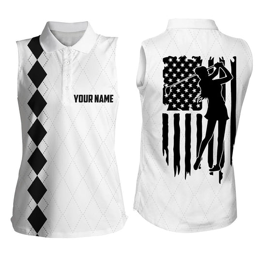 Womens Sleeveless Polo Shirt Black And White American Flag Patriotic Golf Shirts Custom Golf Gifts, Women Golf Shirts