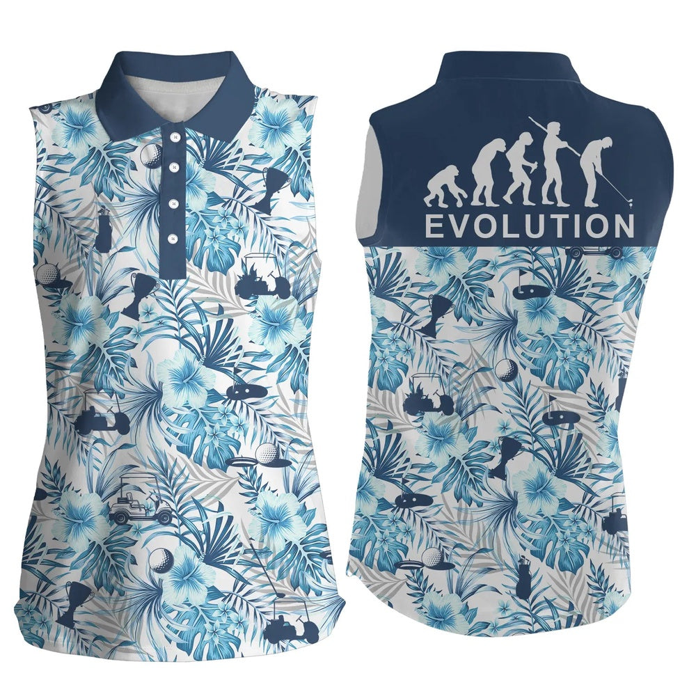 Womens Sleeveless Polo Shirt Blue Tropical Plant Pattern Golf Shirts Evolution Golf Gifts, Women Golf Shirts