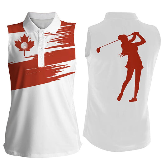 Womens Sleeveless Polo Shirt Canada Flag Patriot White Golf Shirt, Women Golf Shirts