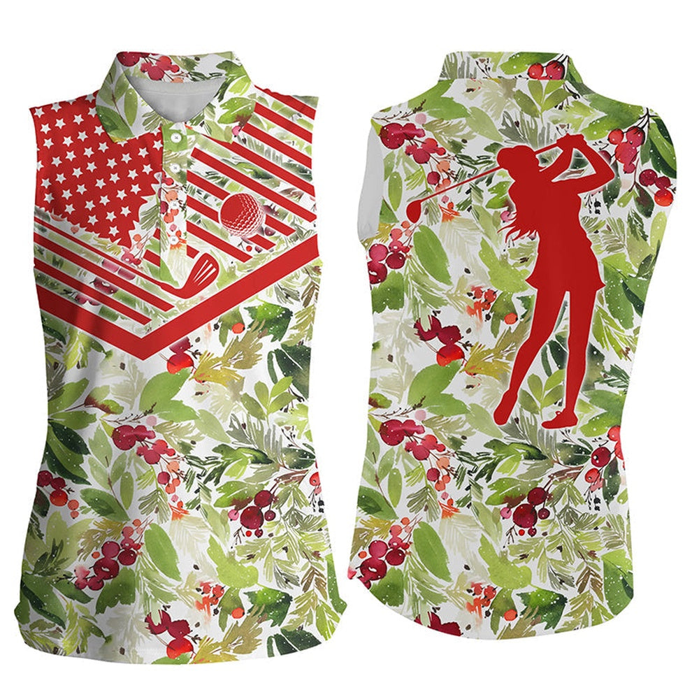 Womens Sleeveless Polo Shirt Christmas Pattern American Flag Golf Shirt, Women Golf Shirts