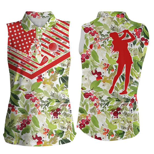 Womens Sleeveless Polo Shirt Christmas Pattern American Flag Golf Shirt, Women Golf Shirts