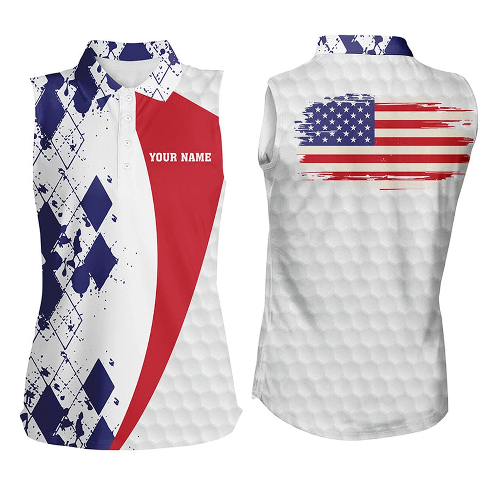 Womens Sleeveless Polo Shirt Custom American Flag Blue Argyle Pattern White Golf Ball Womens Tops, Women Golf Shirts