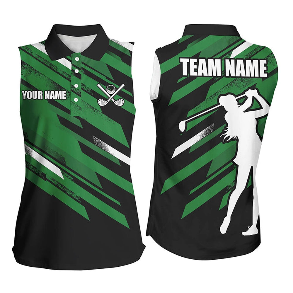Womens Sleeveless Polo Shirt Custom Black And Green Golf Attire For Ladies, Golfing Gifts, Women Golf Shirts
