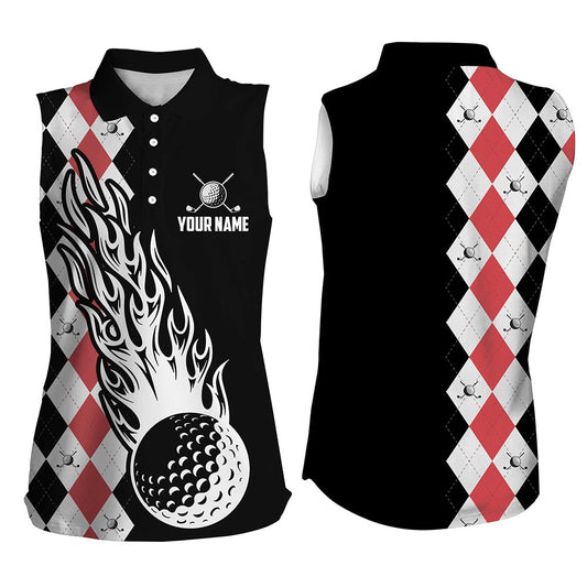 Womens Sleeveless Polo Shirt Custom Black And Red Argyle Pattern Golf Ball Fire Cool Ladies Golf Shirt, Women Golf Shirts