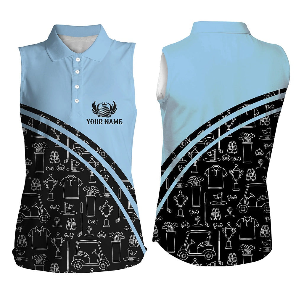 Womens Sleeveless Polo Shirt Custom Black Pattern Short Sleeve Golf Shirts, Golf Gift For Her  Blue, Women Golf Shirts