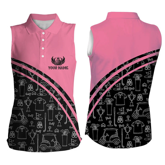 Womens Sleeveless Polo Shirt Custom Black Pattern Short Sleeve Golf Shirts, Golf Gift For Her  Pink, Women Golf Shirts