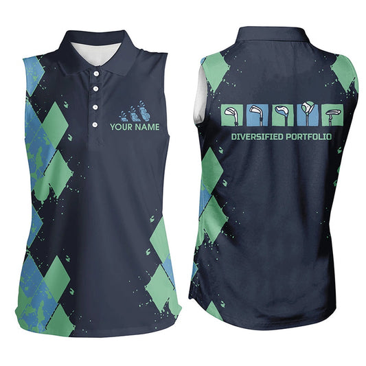 Womens Sleeveless Polo Shirt Custom Blue Argyle Golf Shirts Ladies Diversified Portfolio Golf Clubs, Women Golf Shirts