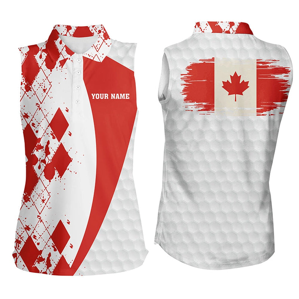 Womens Sleeveless Polo Shirt Custom Canadian Flag Red Argyle Pattern White Golf Ball Womens Tops, Women Golf Shirts