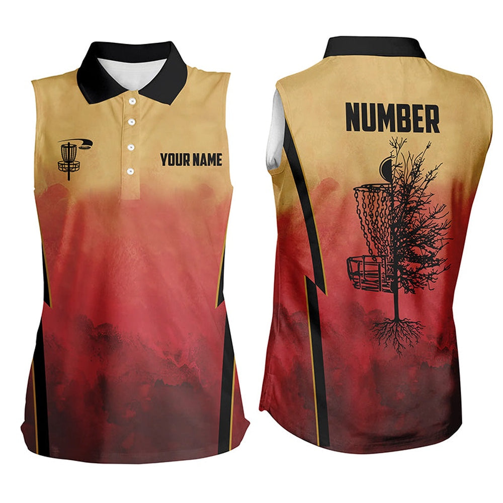Womens Sleeveless Polo Shirt Custom Disc Golf Basket Tree Sunset Disc Golf Jerseys, Frisbee Golf Shirt, Women Golf Shirts
