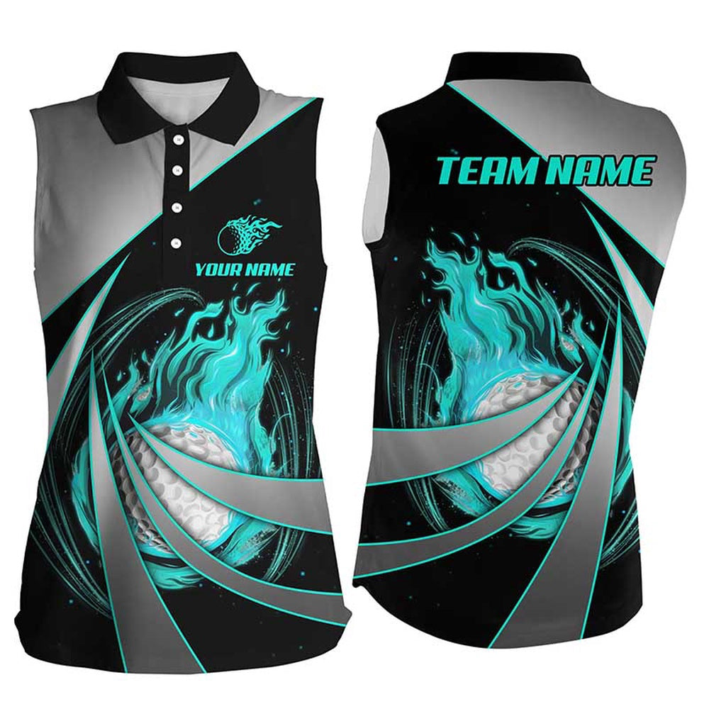 Womens Sleeveless Polo Shirt Custom Flame Golf Ball Shirt, Personalized Golf Gift Cyan Blue, Women Golf Shirts