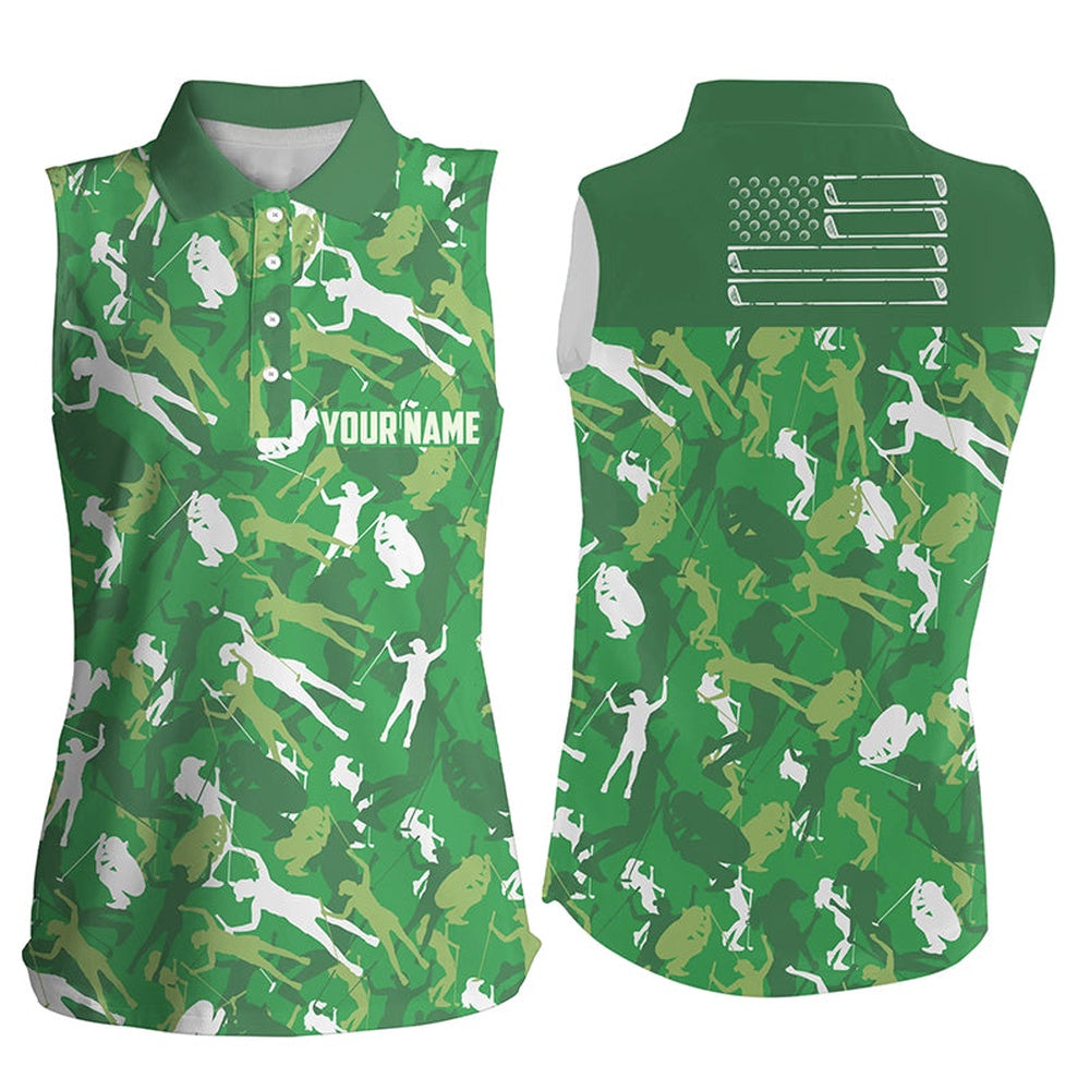Womens Sleeveless Polo Shirt Custom Green Camo American Flag Cool Ladies Golf Shirt, Women Golf Shirts
