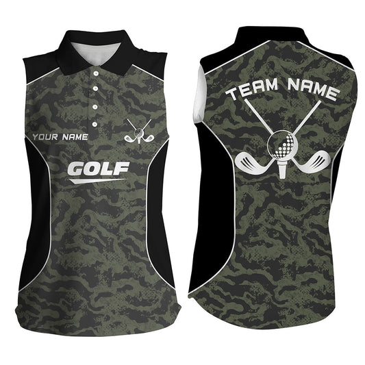 Womens Sleeveless Polo Shirt Custom Green Camo Golf Tops For Ladies, Golf Clubs Team Golf Jerseys, Women Golf Shirts