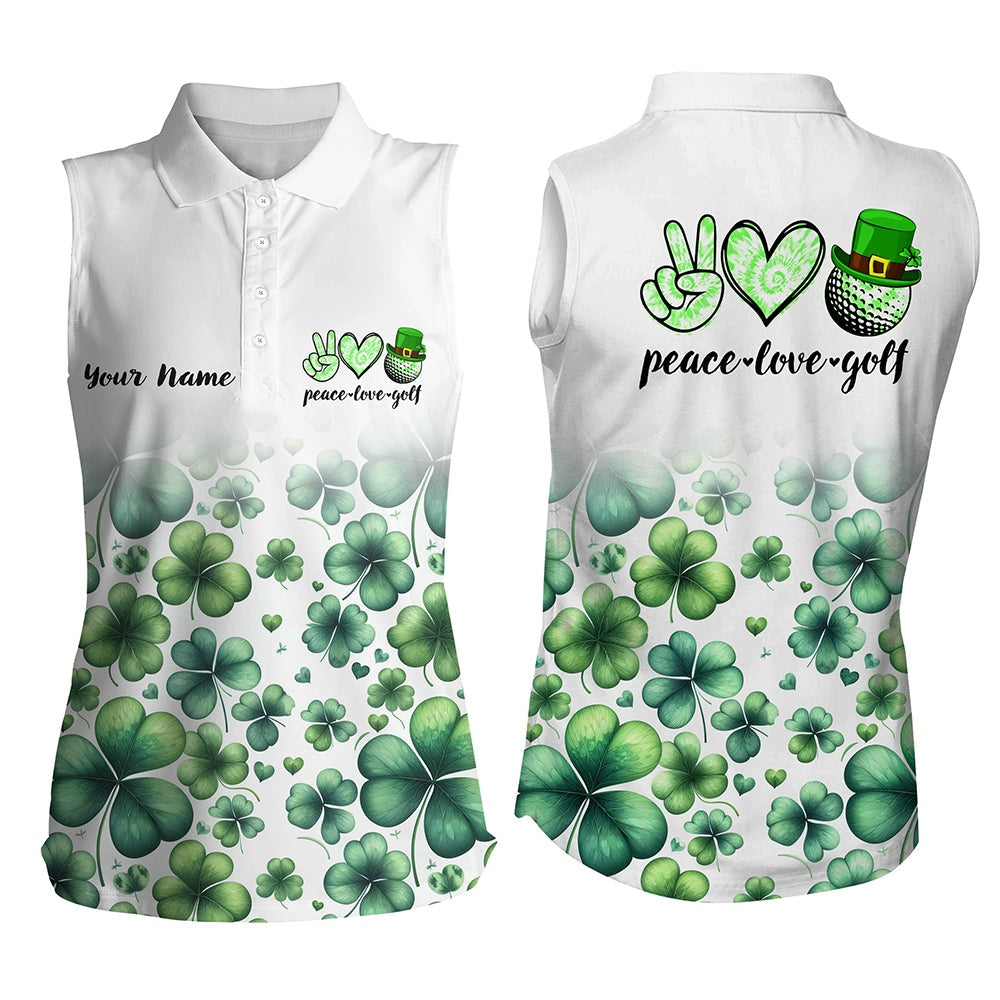 Womens Sleeveless Polo Shirt Custom Green Clover St Patrick Day Peace Love Golf, Womens Golf Tops, Women Golf Shirts