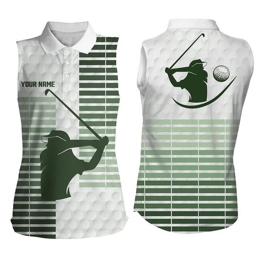 Womens Sleeveless Polo Shirt Custom Green Stripe And White Golf Ball Skin Pattern Ladies Golf Tops, Women Golf Shirts