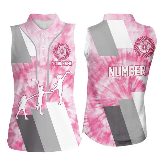 Womens Sleeveless Polo Shirt Custom Name And Number Pink Tie Dye Personalized Disc Golf Jerseys, Women Golf Shirts