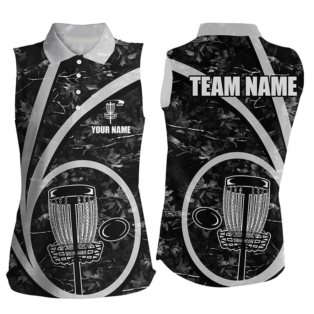 Womens Sleeveless Polo Shirt Custom Name Black Camo Disc Golf Basket Personalized Frisbee Golf Shirt, Women Golf Shirts