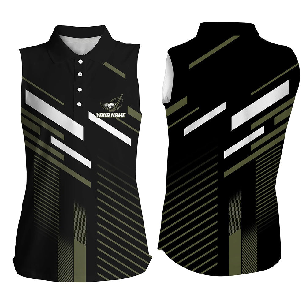 Womens Sleeveless Polo Shirt Custom Name Black Green Plaid Golf Outfits For Ladies, Female Golf Attire, Women Golf Shirts
