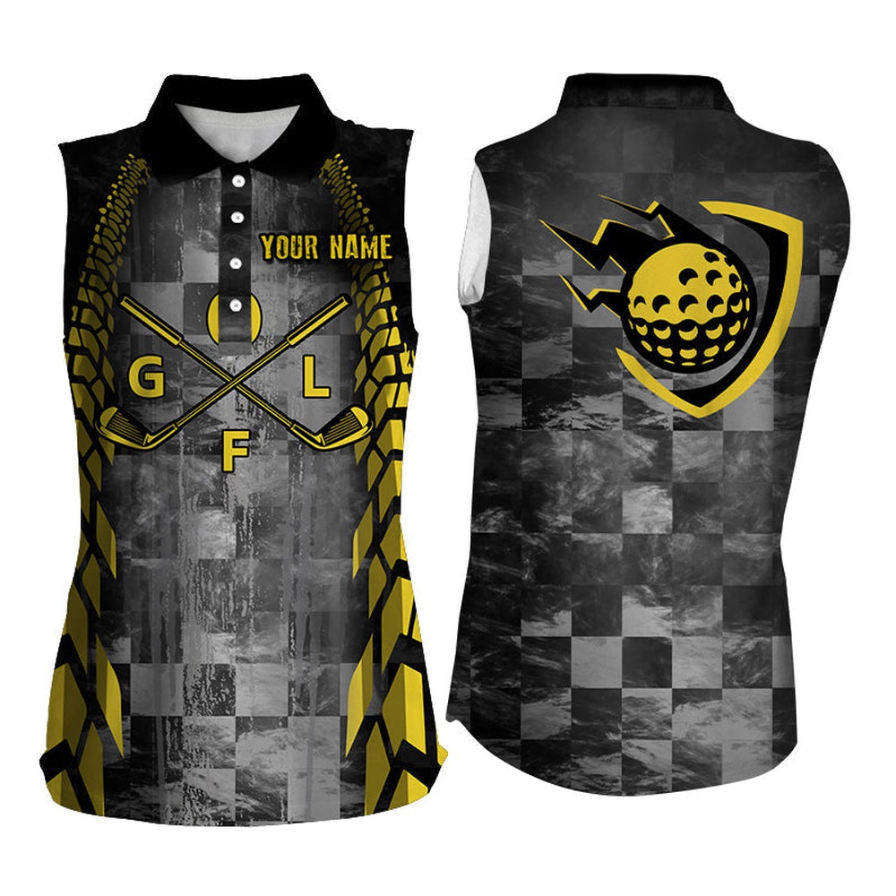Womens Sleeveless Polo Shirt Custom Name Black Racing Yellow Pattern Golf Clubs Golf Outfit, Women Golf Shirts