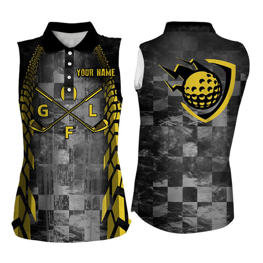 Womens Sleeveless Polo Shirt Custom Name Black Racing Yellow Pattern Golf Clubs Golf Outfit, Women Golf Shirts
