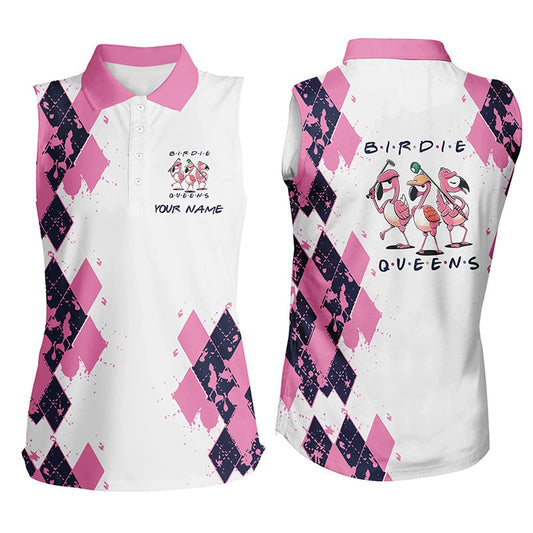 Womens Sleeveless Polo Shirt Custom Name Pink Argyle Pattern Birdie Queen White Golf Outfit, Women Golf Shirts