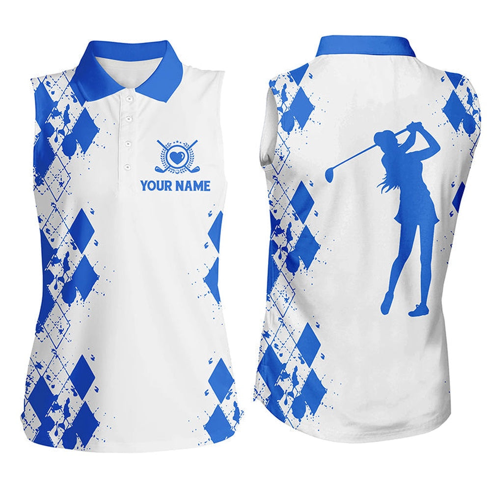 Womens Sleeveless Polo Shirt Custom Name White Golf Shirt, Golfing Gifts  Blue, Women Golf Shirts