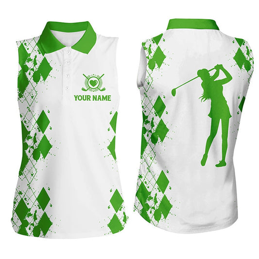 Womens Sleeveless Polo Shirt Custom Name White Golf Shirt, Golfing Gifts  Green, Women Golf Shirts