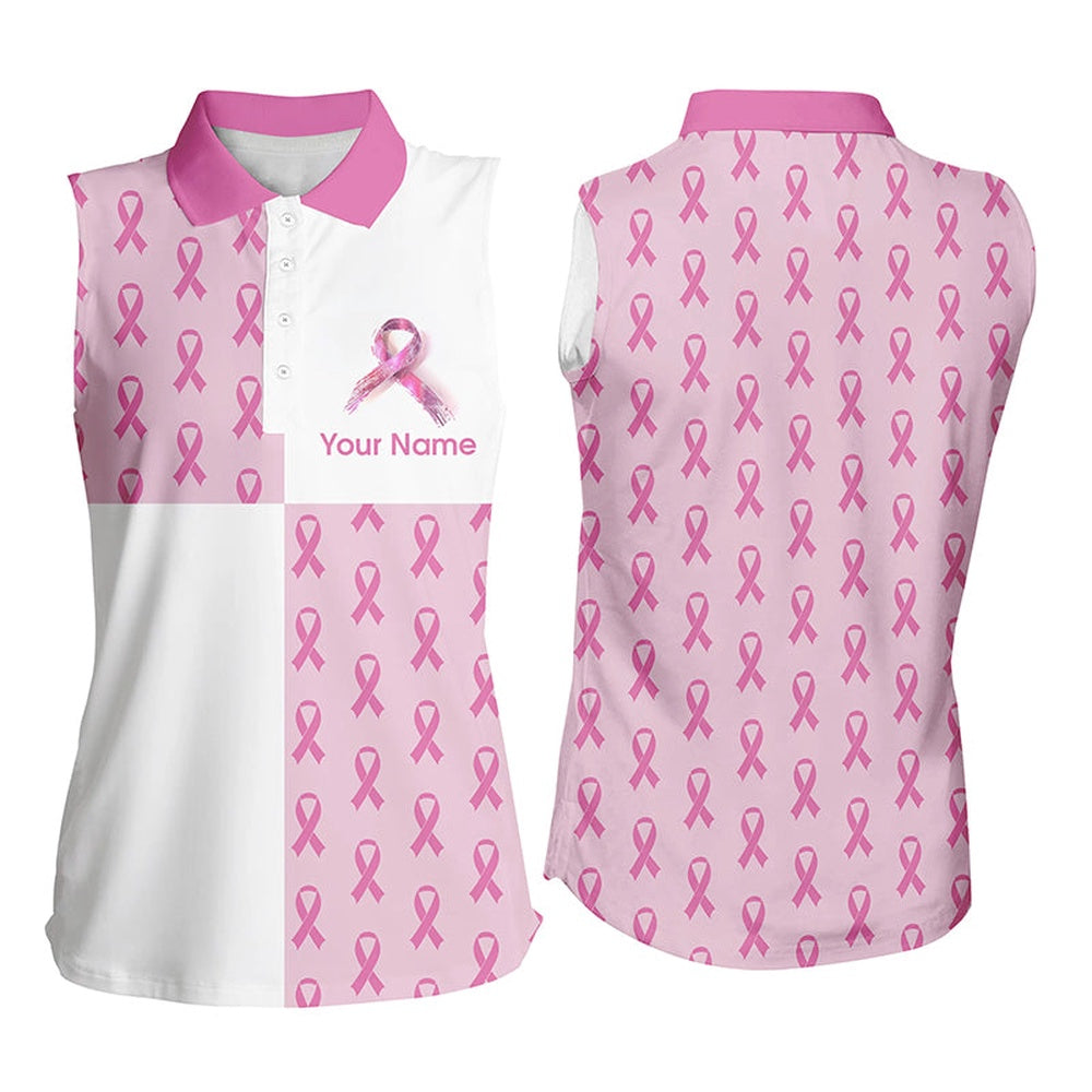 Womens Sleeveless Polo Shirt Custom Pink Breast Cancer Pink Ribbon Pattern Golf Shirts For Ladies, Women Golf Shirts