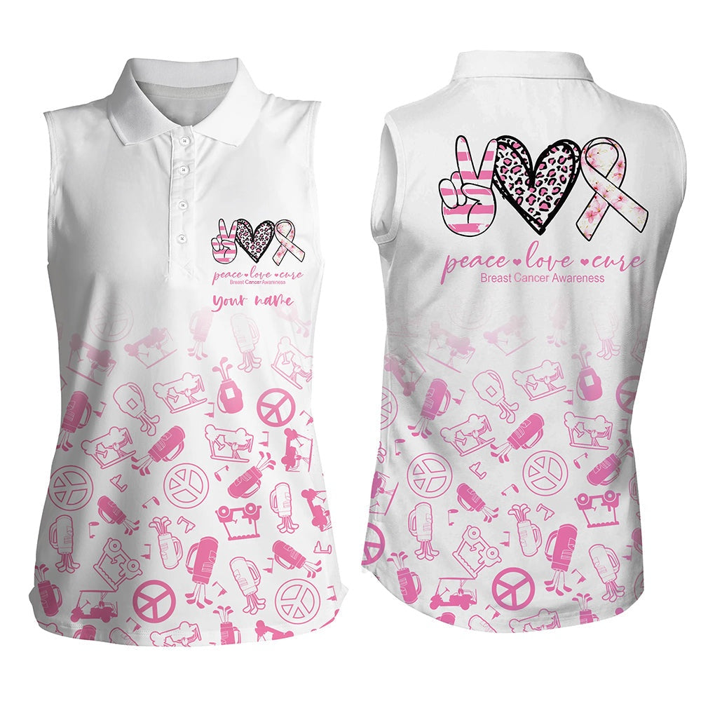 Womens Sleeveless Polo Shirt Custom Pink Heart Peace Love Cure Breast Cancer Golf Shirts, Women Golf Shirts