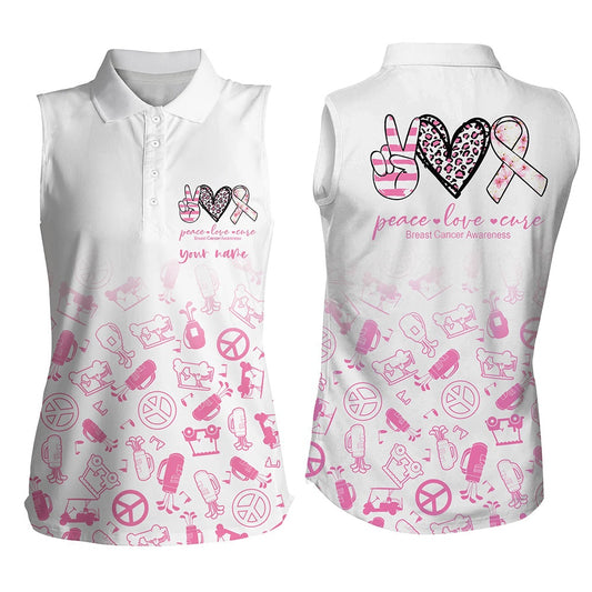 Womens Sleeveless Polo Shirt Custom Pink Heart Peace Love Cure Breast Cancer Golf Shirts, Women Golf Shirts