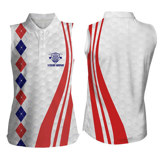 Womens Sleeveless Polo Shirt Custom Red, White And Blue Argyle Golf Skin Patriot Golf Gifts, Women Golf Shirts