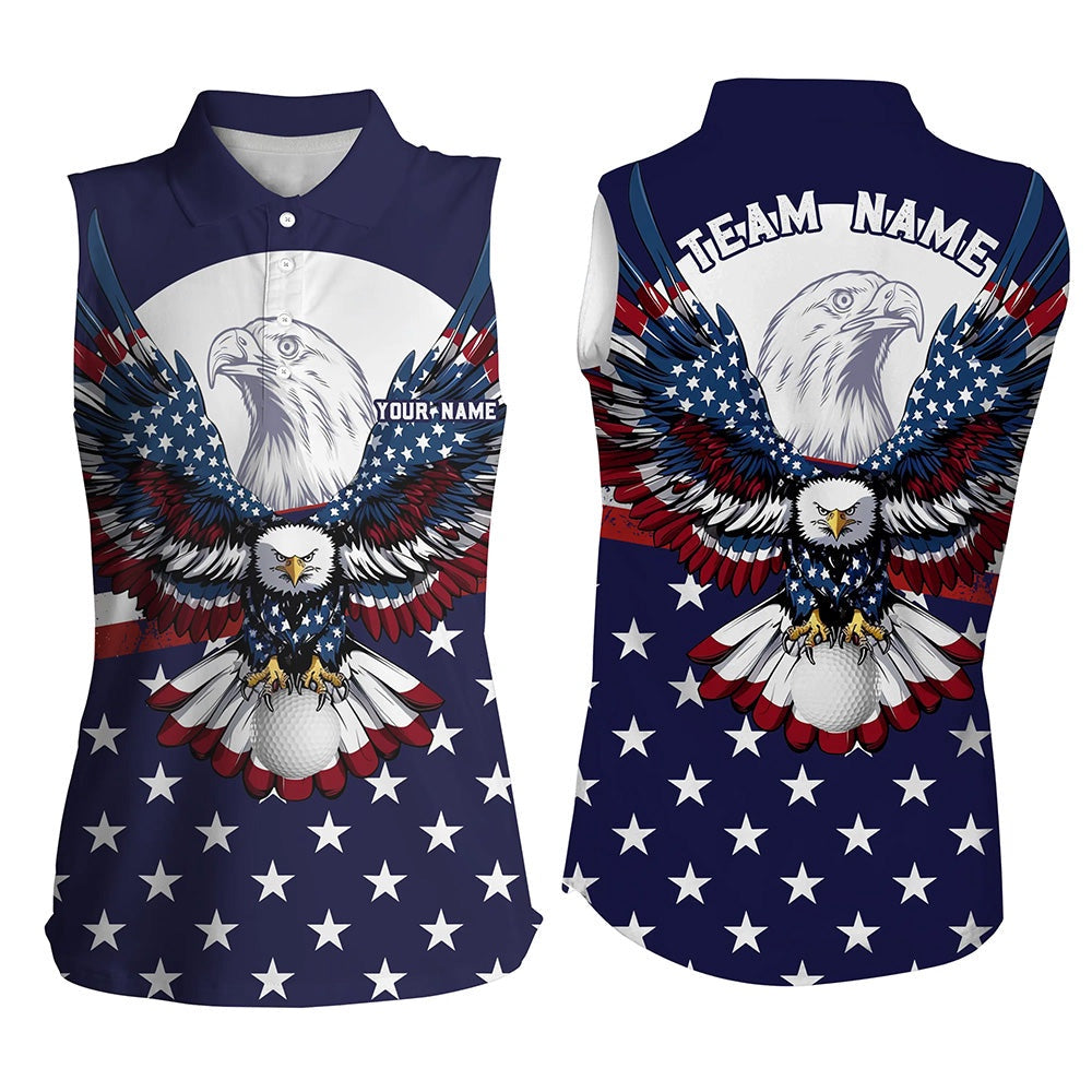 Womens Sleeveless Polo Shirt Custom Red, White Blue American Flag Eagle Patriotic Golf Shirt, Women Golf Shirts
