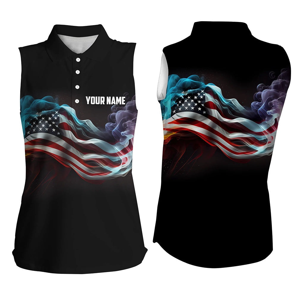 Womens Sleeveless Polo Shirt Custom Smoke American Flag Patriotic Black Golf Tops For Ladies, Women Golf Shirts