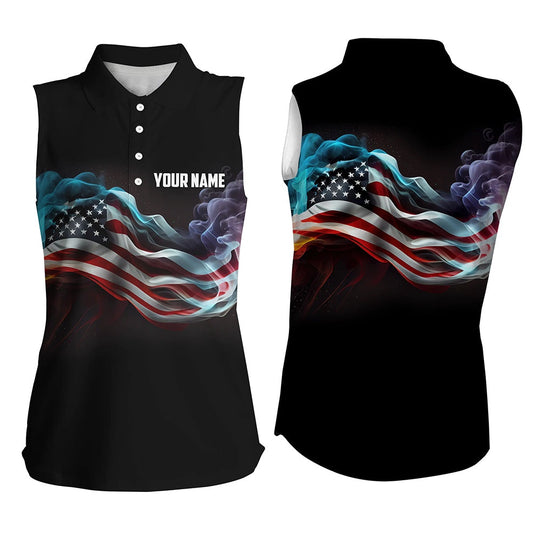 Womens Sleeveless Polo Shirt Custom Smoke American Flag Patriotic Black Golf Tops For Ladies, Women Golf Shirts