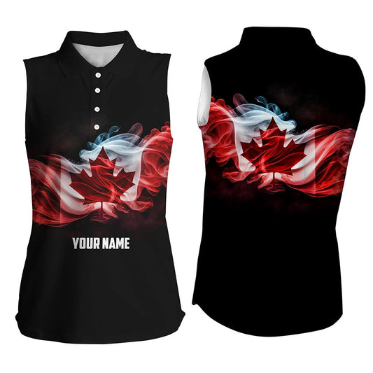 Womens Sleeveless Polo Shirt Custom Smoke Canadian Flag Patriotic Black Golf Tops For Ladies, Women Golf Shirts
