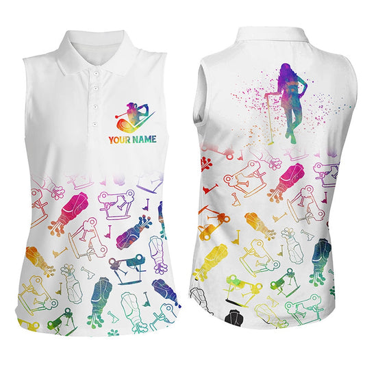 Womens Sleeveless Polo Shirt Custom Watercolor Golf Icons, Gifts For Golf Lovers, Women Golf Shirts