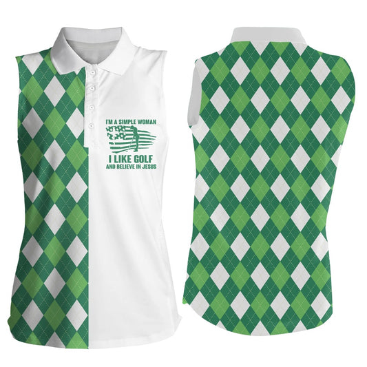 Womens Sleeveless Polo Shirt Green Argyle Plaid Im A Simple Woman I Like Golf And Believe In Jesus, Women Golf Shirts