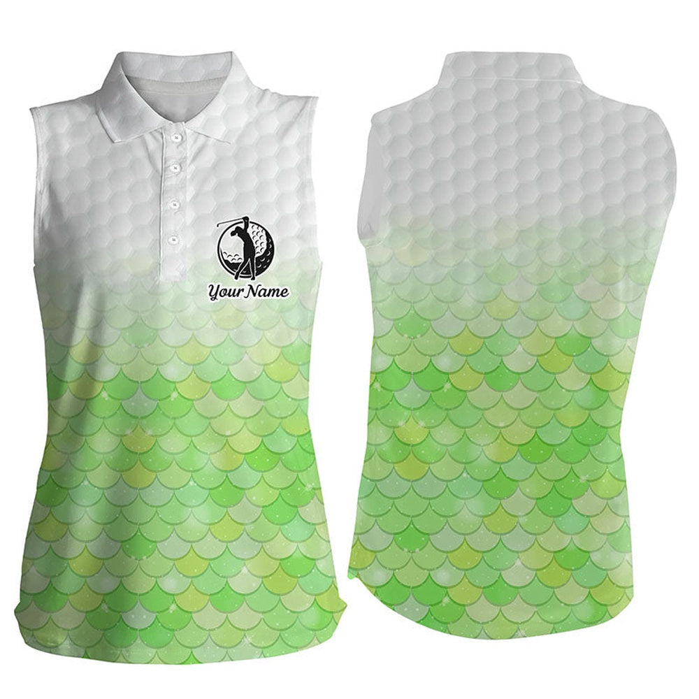 Womens Sleeveless Polo Shirt Green Mermaid Scales Custom Name Pattern Golf Shirts, Ladies Golf Tops, Women Golf Shirts