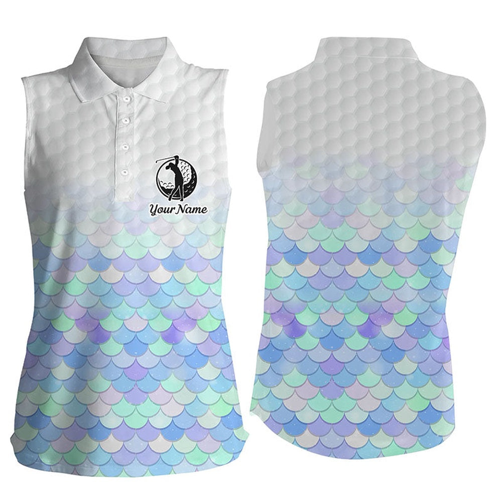Womens Sleeveless Polo Shirt Pastel Blue Mermaid Scales Custom Pattern Golf Shirts, Ladies Golf Tops, Women Golf Shirts