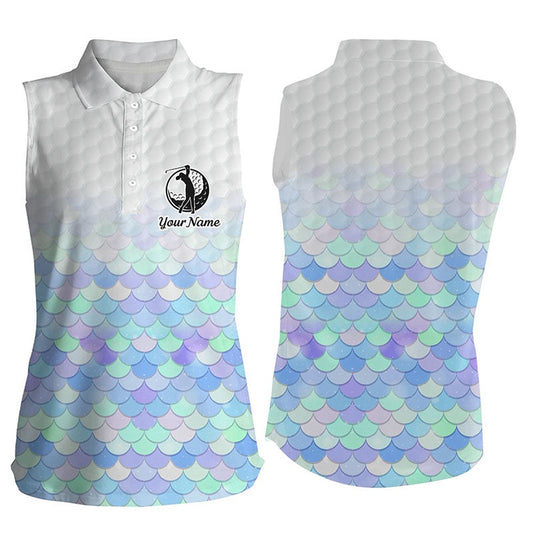 Womens Sleeveless Polo Shirt Pastel Blue Mermaid Scales Custom Pattern Golf Shirts, Ladies Golf Tops, Women Golf Shirts