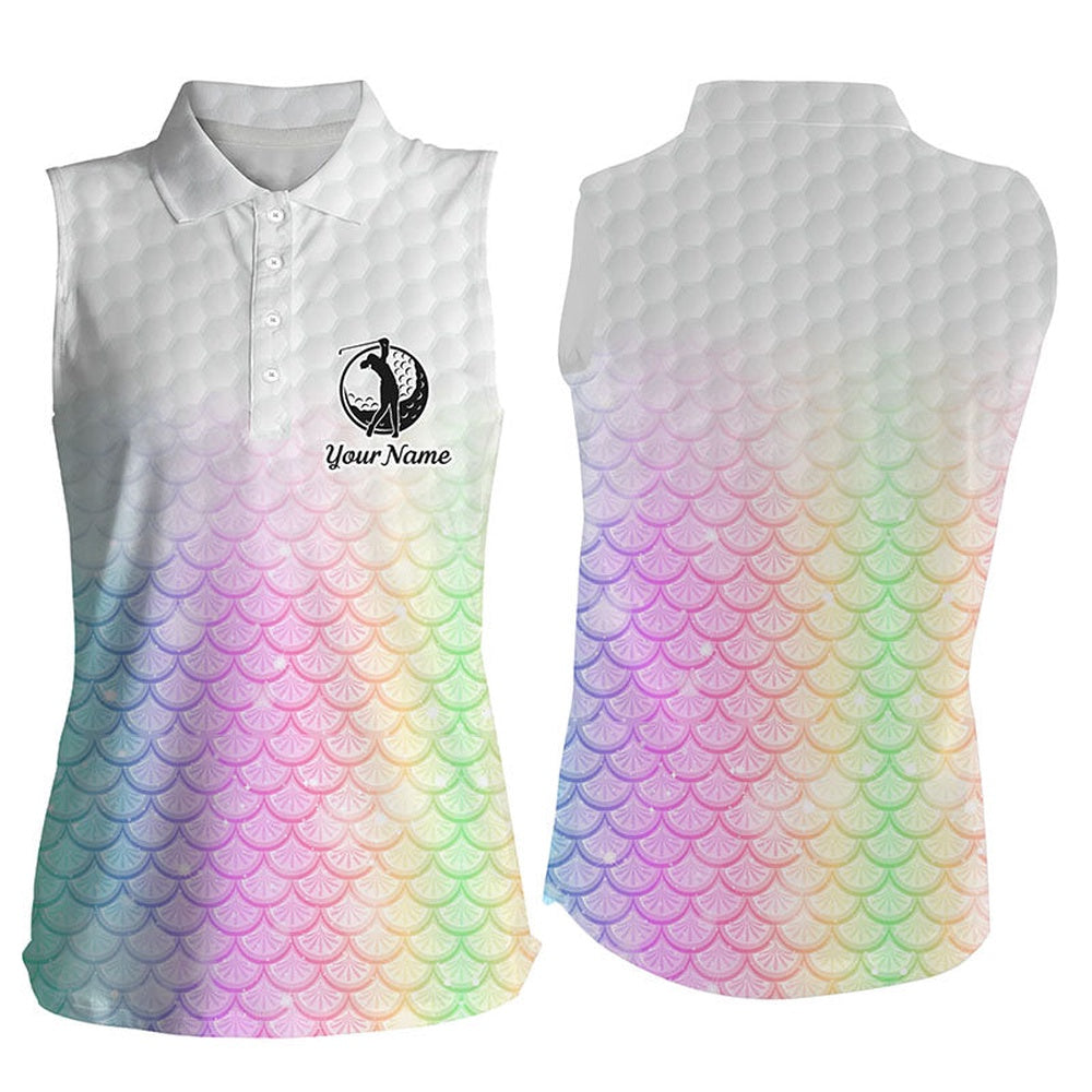 Womens Sleeveless Polo Shirt Pastel Rainbow Mermaid Scales Custom Pattern Golf Shirt, Ladies Golf Tops, Women Golf Shirts