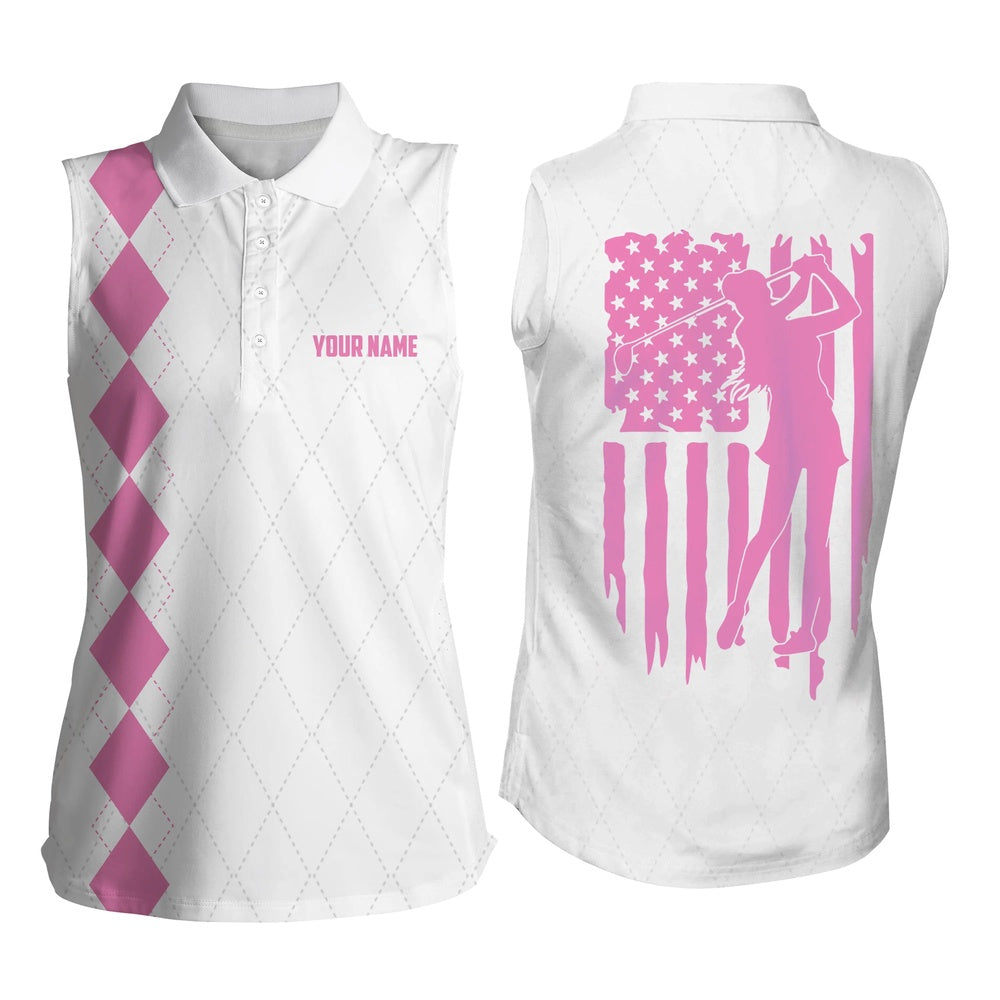 Womens Sleeveless Polo Shirt Pink American Flag Patriotic Golf Shirts Custom Name Golf Gifts, Women Golf Shirts