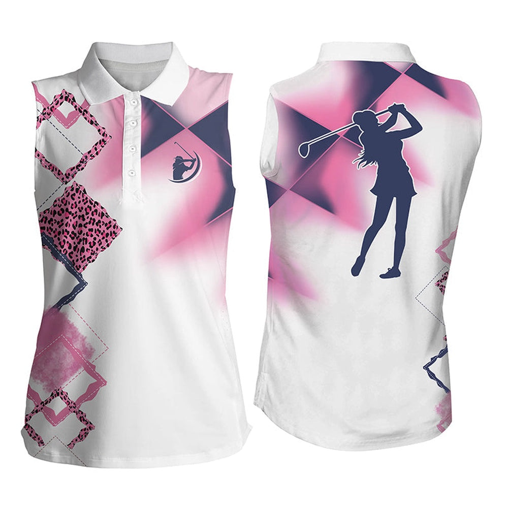 Womens Sleeveless Polo Shirt Pink Leopard Pattern White Golf Shirt, Women Golf Shirts